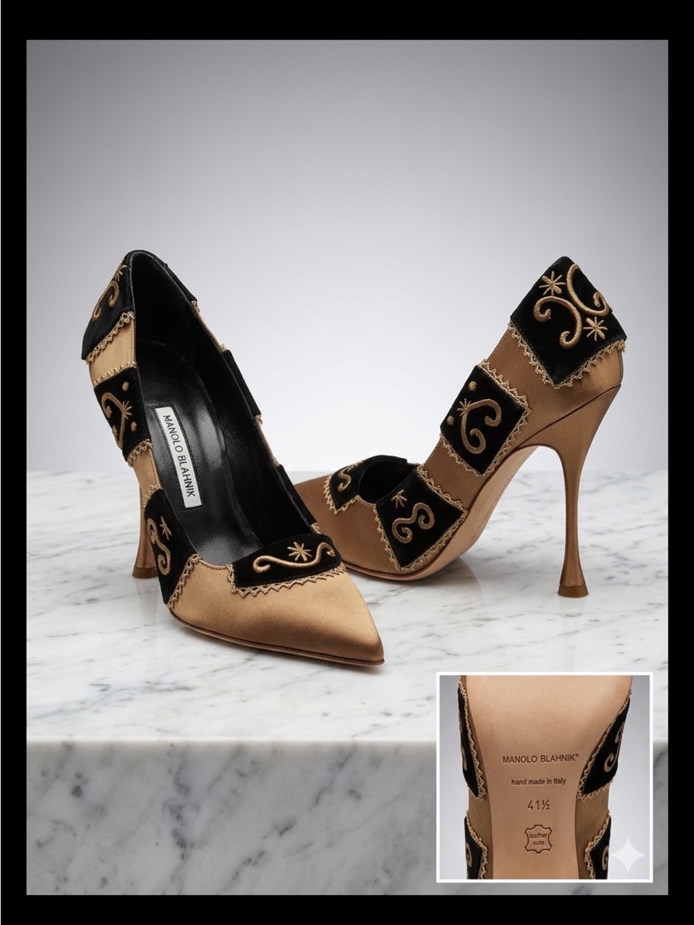 Manolo Blahnik Black and Gold Heels